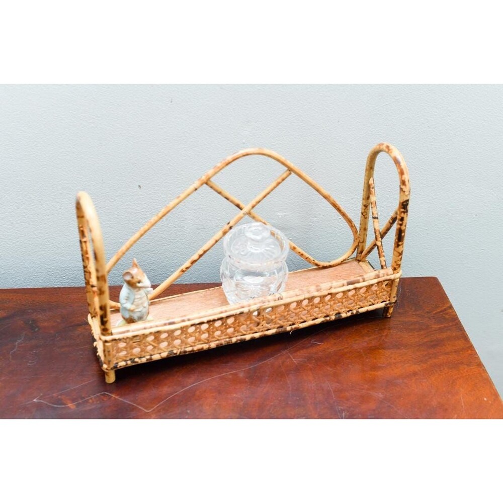 Vintage Burnt Bamboo & Cane Bathroom Shelf, Small Rattan Caddy, Boho French